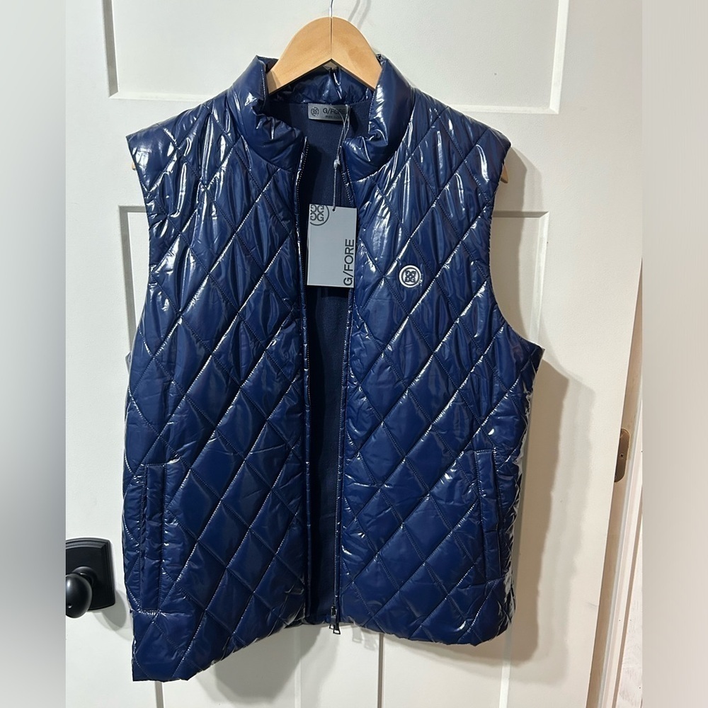 G/Fore Golf Puffer Vest Full Zip Nylon navy Blue 💯 Wool Lined Quilted shiny